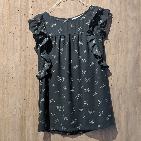 LOFT Tops - Dark Green Printed Flutter Top